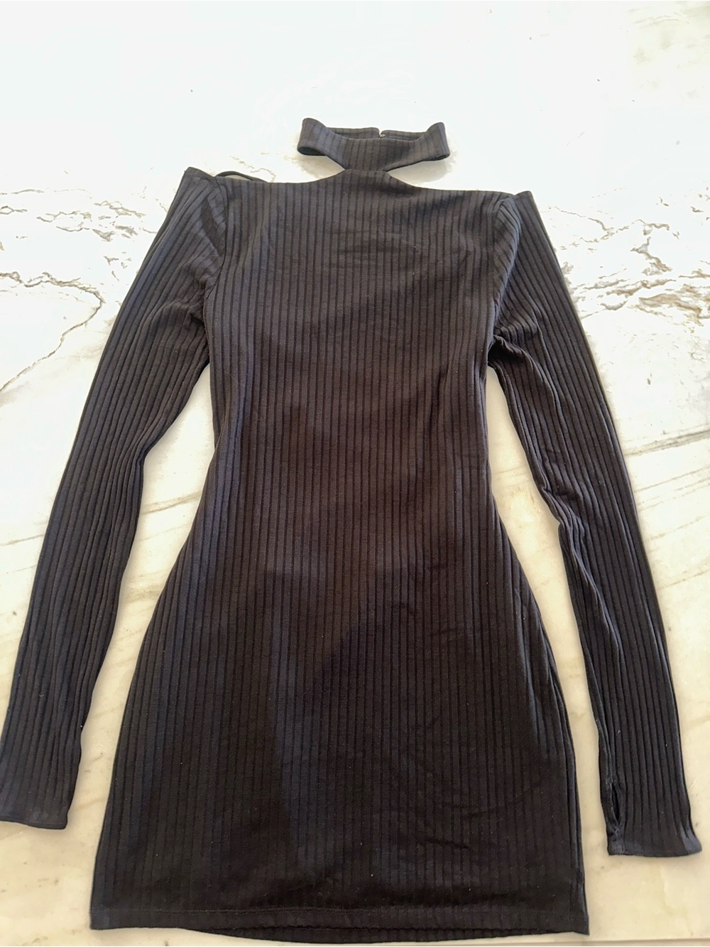 Not Yours To Keep Black Ribbed Long Sleeve Choker Neck Dress